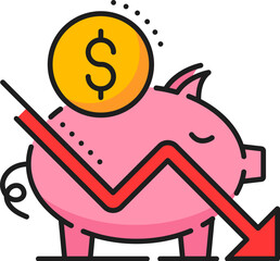Depreciation of savings line icon with color broken piggy bank, money and down arrow graph. Vector finance, business and economy crisis, money loss and bankruptcy isolated outline symbol