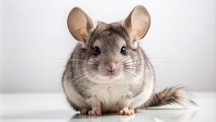 Adorable fluffy grey and white chinchilla with big round eyes and twitching whiskers sits alone on a clean white surface.