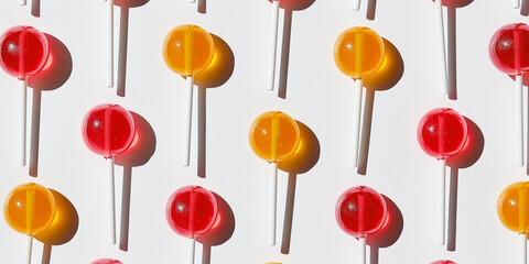 A  background of lollipops, each with its shadow, scattered across the canvas in an elegant display, with soft shadows on a white background