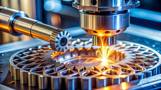 Close-up of advanced manufacturing technology fabricating detailed metal mechanical part with precise laser sintering and intricate layer-by-layer process.