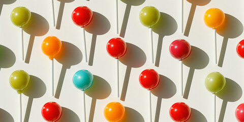 A  background of lollipops, each with its shadow, scattered across the canvas in an elegant display, with soft shadows on a white background