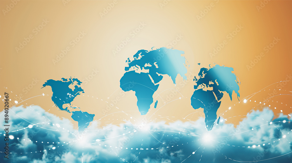 Poster a stylized world map hovers above clouds with digital connection points, representing the interconne