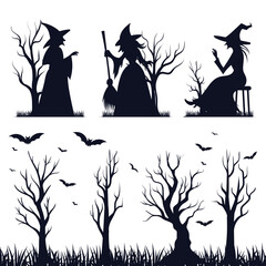 Happy Halloween Witch Silhouette with trees and grass Vector Illustration Set
