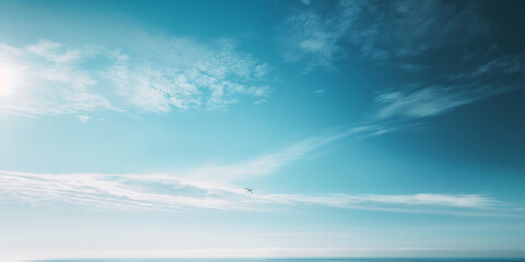 Fototapeta premium Minimalist clean sky with a small white bird flying in the distance, shot from an aerial perspective