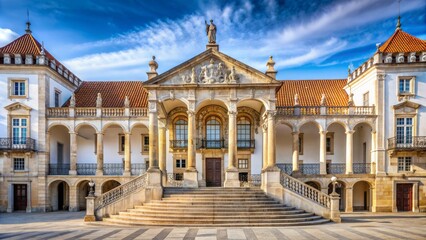 Fototapeta premium Historic Baroque-style Law Faculty building with ornate facade, grand staircase, and sprawling courtyard at Coimbra University, Portugal.