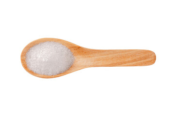 Top view of Monosodium glutamate on wooden spoon isolated on white background.