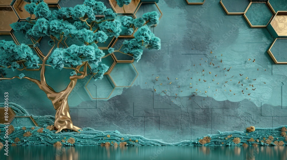 Wall mural Fresh and vintage-looking art deco hexagon background in gold on teal, with a lush 3D tree mural blending turquoise leaves and a landscape