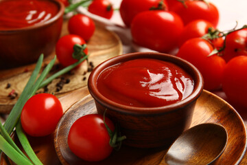 Bowl with tasty ketchup and fresh tomatoes on table, closeup