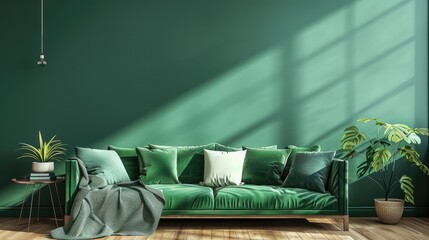 Green Sofa in Modern Home with Teal Wall and Clutter