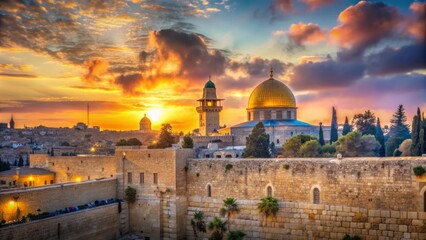 Vibrant morning light illuminates ancient stone walls as Hebrew golden letters from Psalm 91 adorn the tranquil Temple Mount landscape.