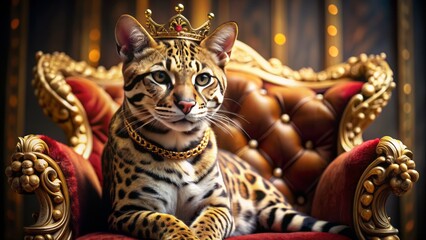 Regal ocelot adorned with sparkling crown and opulent golden attire lounges majestically on plush velvet throne, exuding refined sophistication.