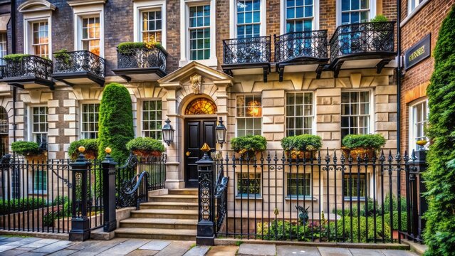 Majestic Georgian fa?ade with ornate stone carvings, wrought iron fencing, and manicured greenery on a serene, upscale Mayfair street.