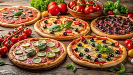 Colorful array of four distinct pizzas, featuring pepperoni with olives, plain cheese, mixed vegetables, and classic pepperoni toppings.