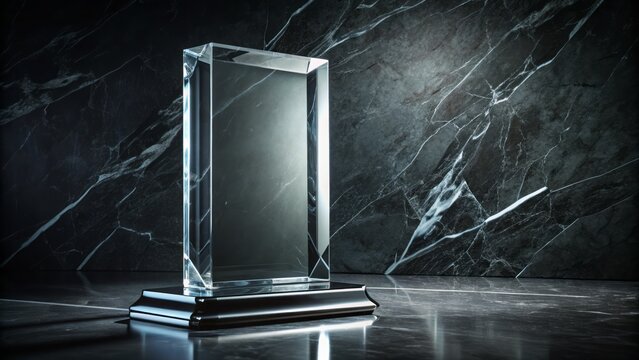 A majestic crystal trophy plaque with intricate engravings and beveled edges sits on a sleek black marble background, spotlighted.