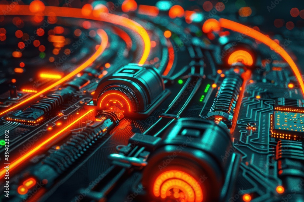 Poster a futuristic, high-tech circuit board with glowing lines of light flowing through it. the lights are