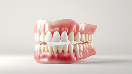 Obraz premium 3D illustration of dentures, dental health concept, false teeth, prosthetic dentistry, oral care, realistic dentures, pink background, dental hygiene