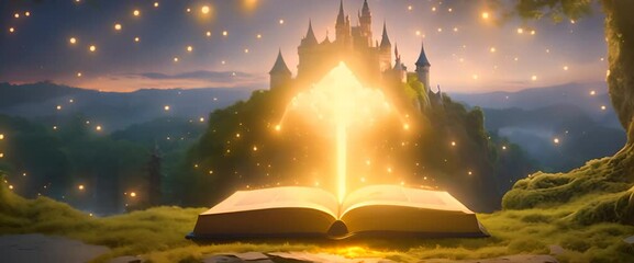 A glowing magic book floating above a moss-covered stone pedestal, with golden runes swirling around it