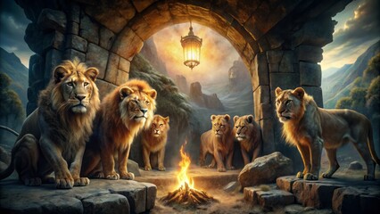 Ancient stone den filled with fierce lions, eerie torchlight, and ominous shadows, evoking a sense of foreboding and biblical drama.