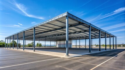 Fototapeta premium Large gray metal structure with straight walls and sloping roof sits alone in vast empty parking lot under cloudless sky.