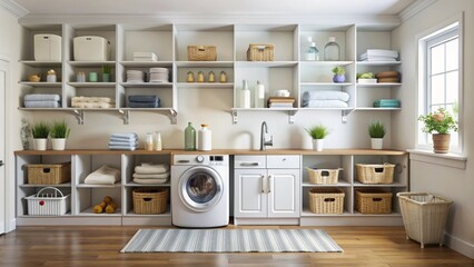Pristine laundry room with organized shelving, folded linens, and tidy storage of detergent, fabric softener, and other household essentials.