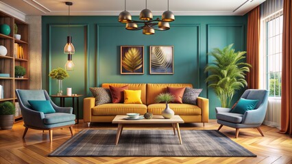 Vibrant hues adorn walls, plush sofa, and eclectic decorative pieces in a stylish, modern living room exuding warmth and elegance.