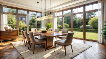 Elegant modern dining room features a rich wooden table and chairs on a plush white rug beneath a massive backyard window.