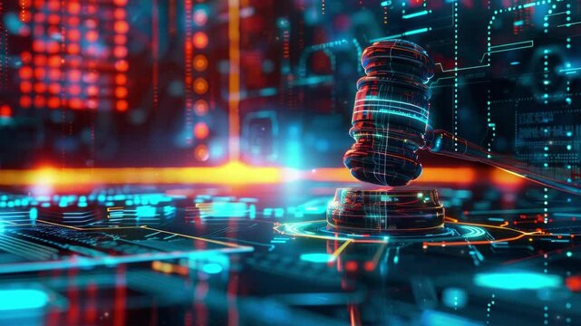 Judges gavel hovers in a high-tech, virtual space, symbolizing the enforcement of cybersecurity laws and regulations within an abstract technological environment