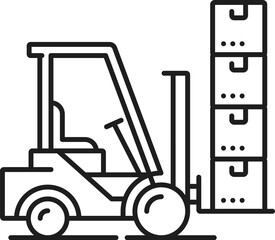 Forklift logistics line icon. Supply chain, delivery and storage, cargo service. Isolated monochrome vector outline sign of loader truck, carrying pile of boxes, side view, minimalist, clean design