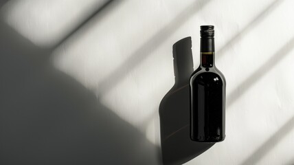 Dark glass bottle with screw cap casting shadow on light surface