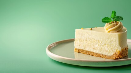 Slice of cheesecake with mint garnish on plate