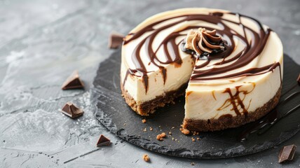 Delicious cheesecake with chocolate swirl on black slate, slices aside