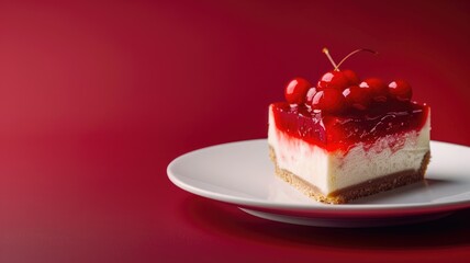 Delicious cheesecake topped with vibrant cherries on white plate against red background