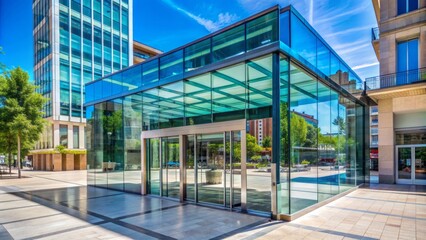 Modern glass entrance of large commercial center stands proudly on sunny main street in Albacete, Spain, on a clear day in June.