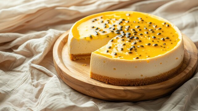 Creamy passion fruit cheesecake on wooden plate with seeds