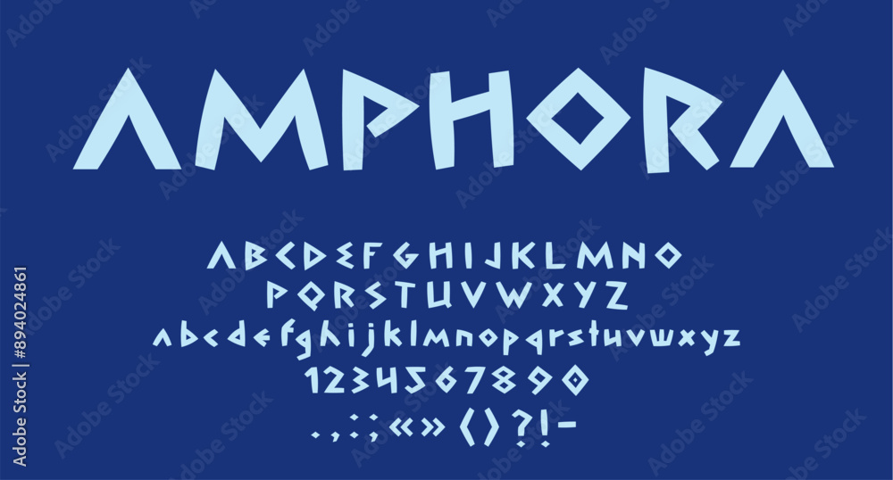 Poster blue greek style font, ancient greece type vector typography. english alphabet letters and numbers o