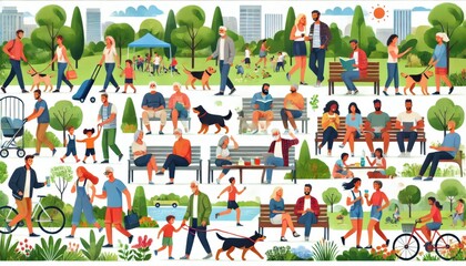 Fototapeta premium a diverse group of people enjoying a park. Some are walking their dogs, while others are sitting on benches reading or chatting. 