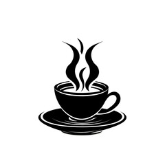 Fototapeta premium Black and White Hot Coffee Cup Illustration with Steam on Saucer.