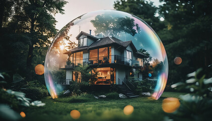 conceptual representation of a beautiful house or property wrapped in a bubble as a wish or dream to finance and own a home by credit or equity, risks of the real estate crisis