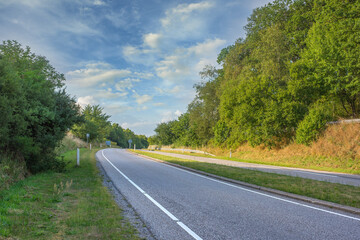 Road, landscape and outdoor in countryside, woods and Scotland wilderness with nature, harmony or...
