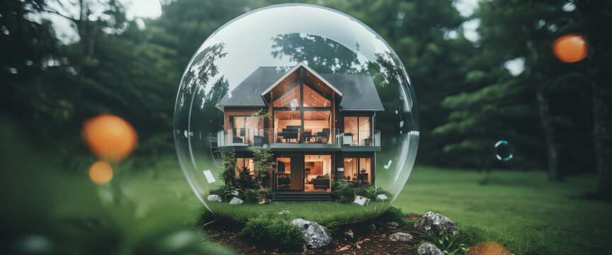 conceptual representation of a beautiful house or property wrapped in a bubble as a wish or dream to finance and own a home by credit or equity, risks of the real estate crisis