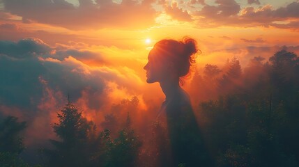 Obraz premium Outline of a human head containing a serene landscape background, symbolizing the concept of inner peace and mental tranquility with copy space 