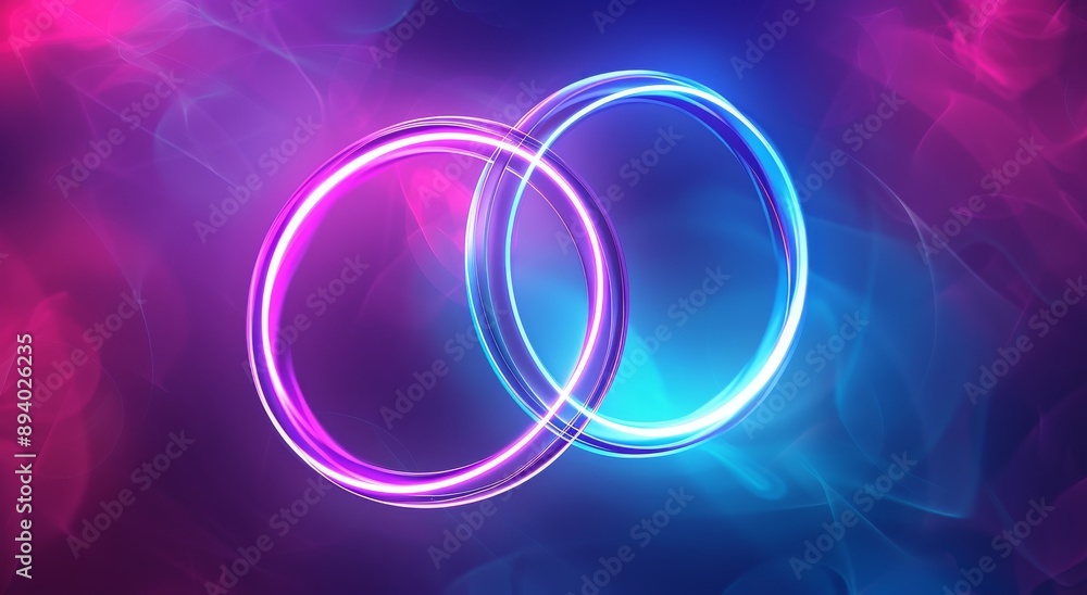 Poster abstract background, two glowing neon rings intersect, creating a captivating abstract pattern again
