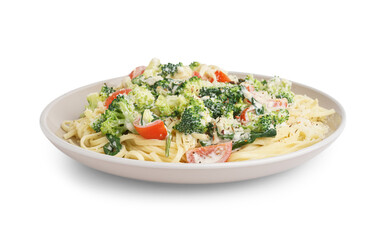Plate of tasty pasta with broccoli, cheese and tomatoes on white background
