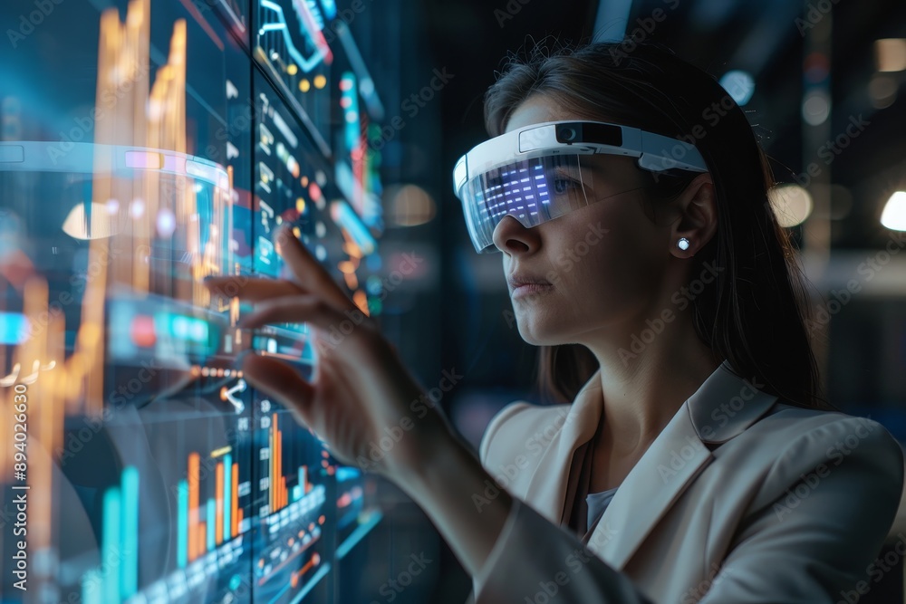 Poster a businesswoman using augmented reality glasses to visualize data and analytics in real-time
