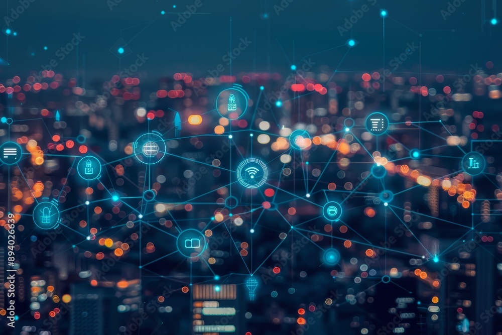 Poster an iot (internet of things) ecosystem illustrating connected devices optimizing business processes