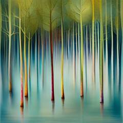 Surreal painting of a forest with tall, thin trees reflected in calm water, in soft pastel colors, creating a dreamy and tranquil atmosphere, Generative AI.