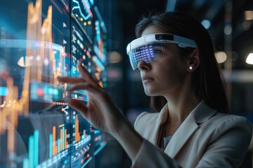 A businesswoman using augmented reality glasses to visualize data and analytics in real-time