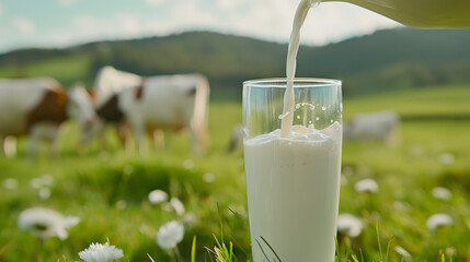Pouring fresh milk in glass on green meadow with grazing cows, dairy farming concept, countryside scene, organic milk, rural landscape, blue sky, healthy drink