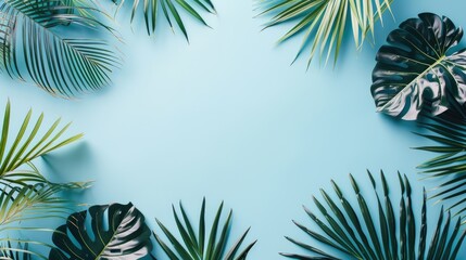 Summer theme with palm leaves on light blue backdrop Creative layout aerial view space for text
