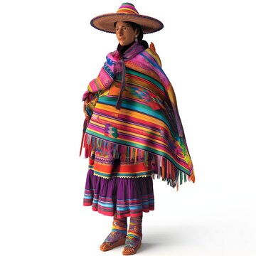 37. "A Peruvian Quechua woman in colorful poncho and chullo hat, rendered in 3D on a white background."